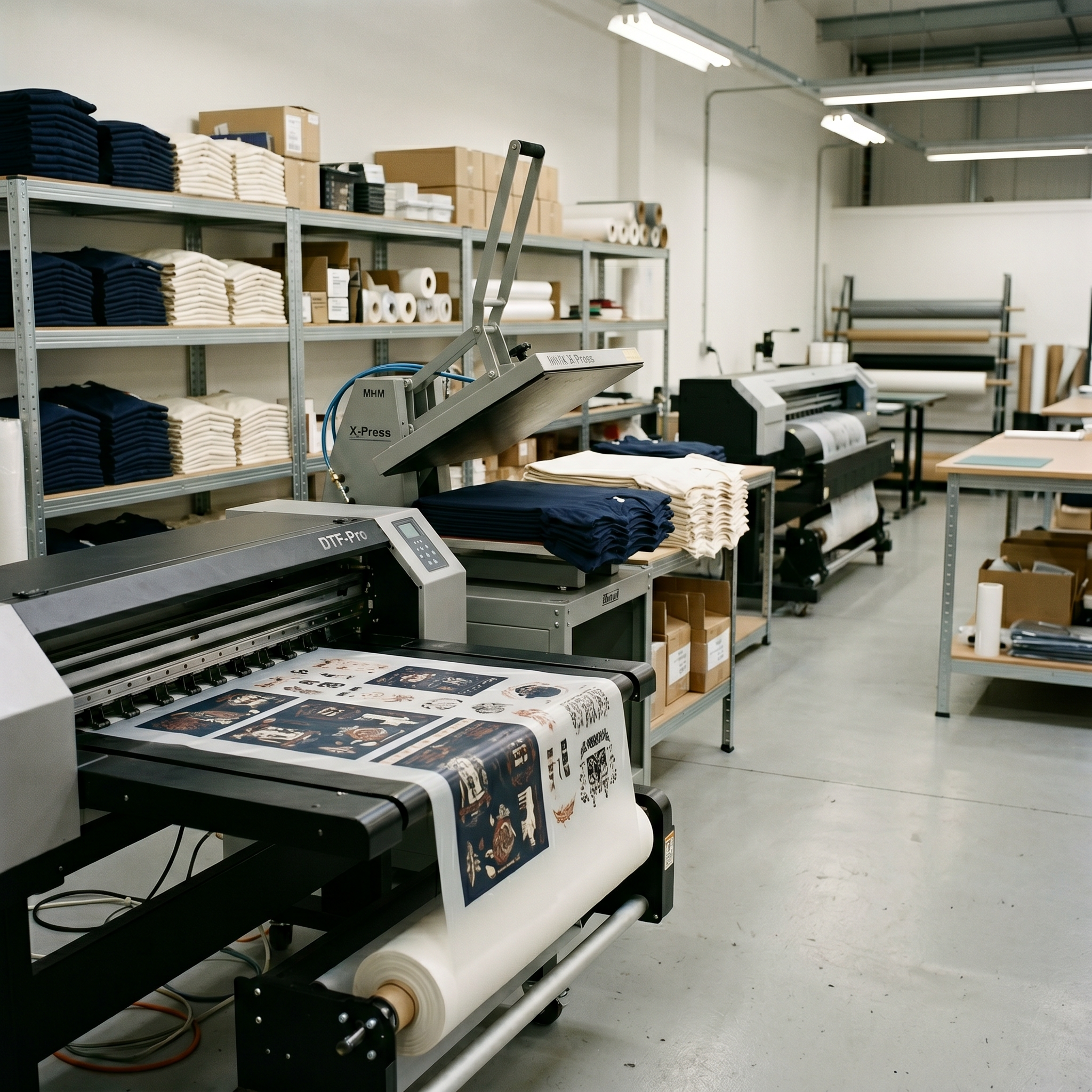 A production floor with a direct-to-film printer, heat press, and neatly stacked folded garments