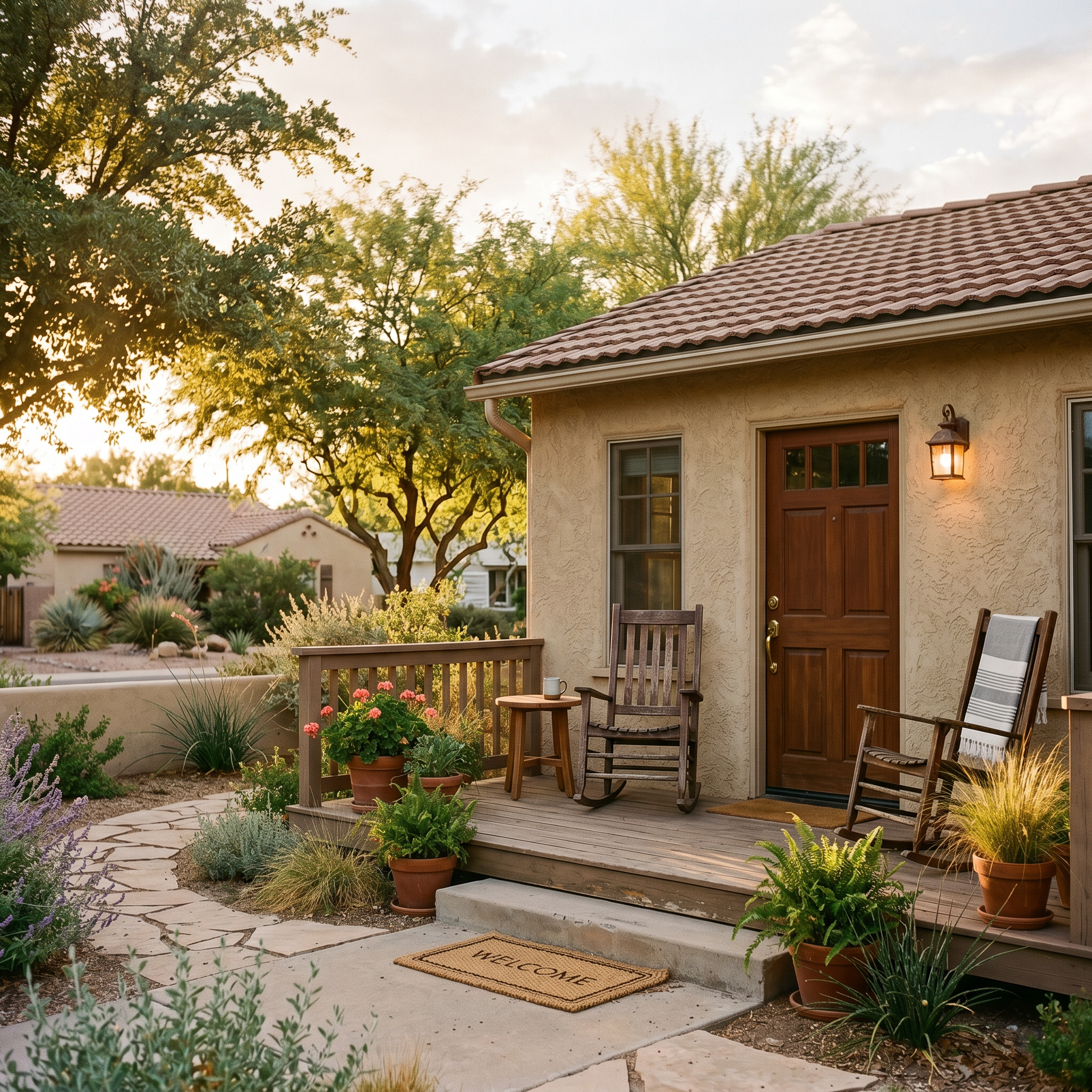 A modest residential home exterior with a front porch, two rocking chairs, potted plants, and warm late-afternoon light
