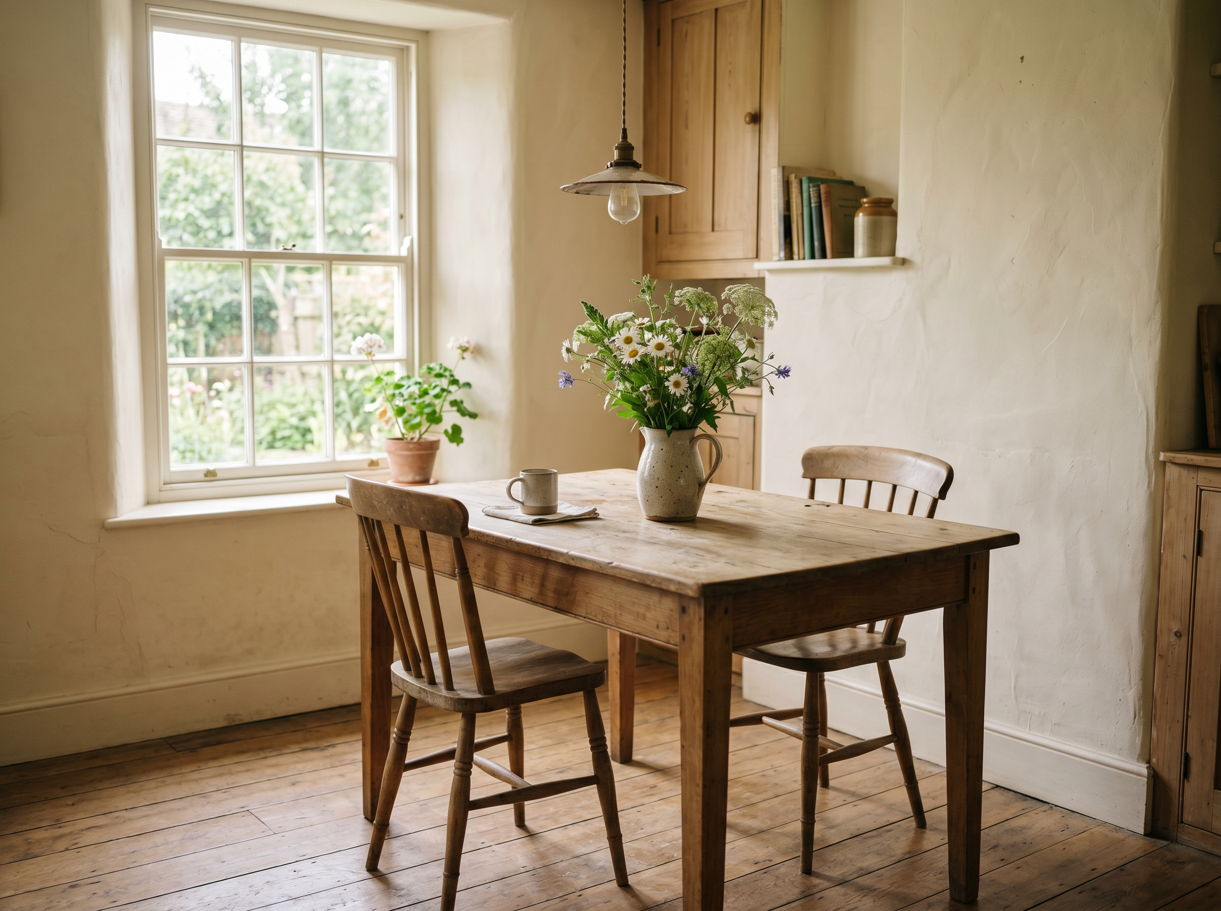 A simple kitchen table with two chairs, a ceramic pitcher of flowers, and morning light through a window